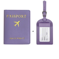 image de protège passeport avec étiquette de valise de couleur violet